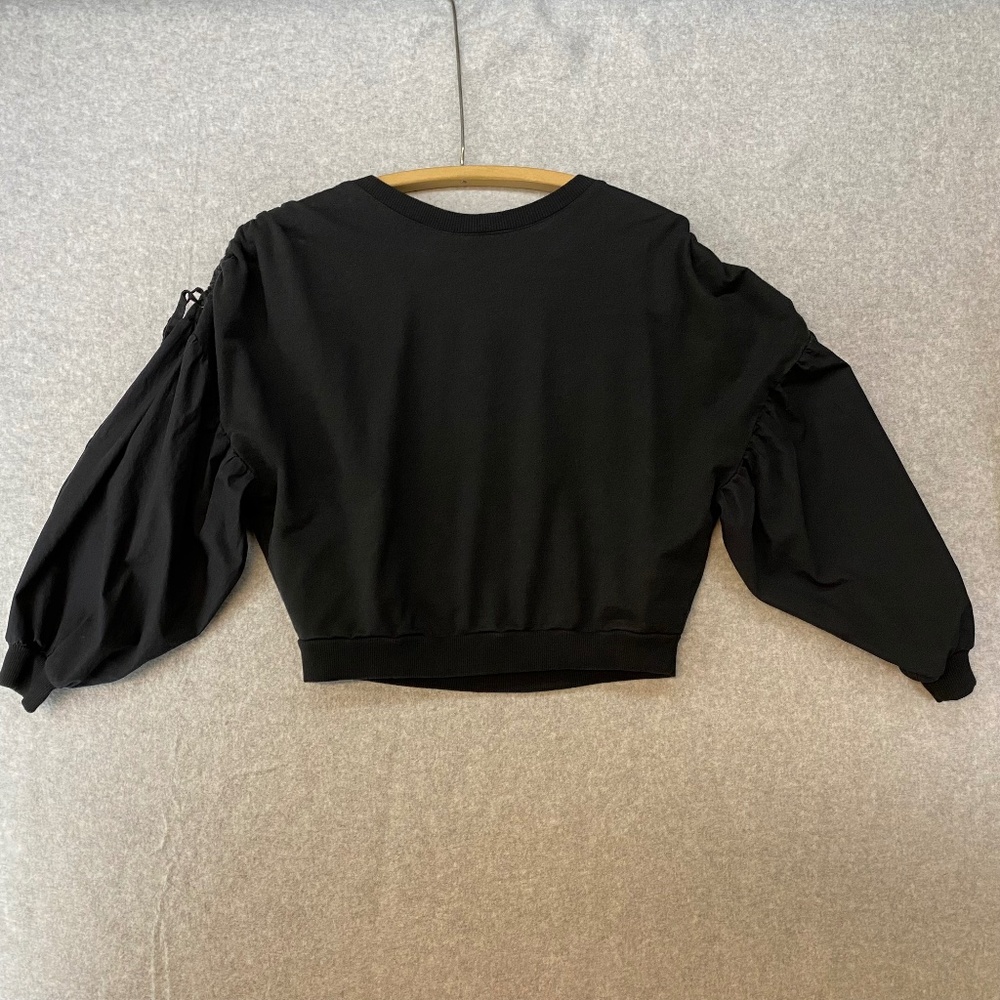 Kensie Size L Black Cropped Long Poof Sleeve Crew Neck Shirt Ties On Shoulders